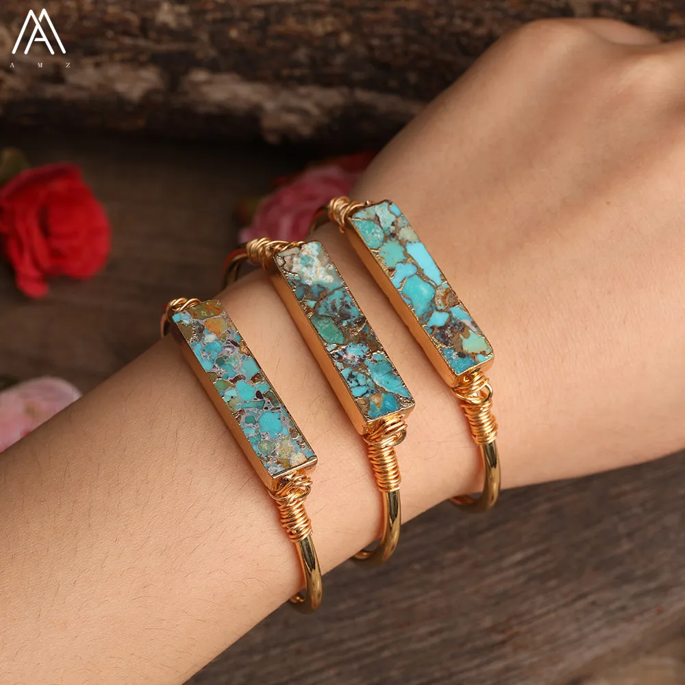 Natural Turquoises Stone Rectangle Slab Beads Open Cuff Bangle Bracelet Women Friendship Gold Bracelet Jewelry Gift BG017AMBD