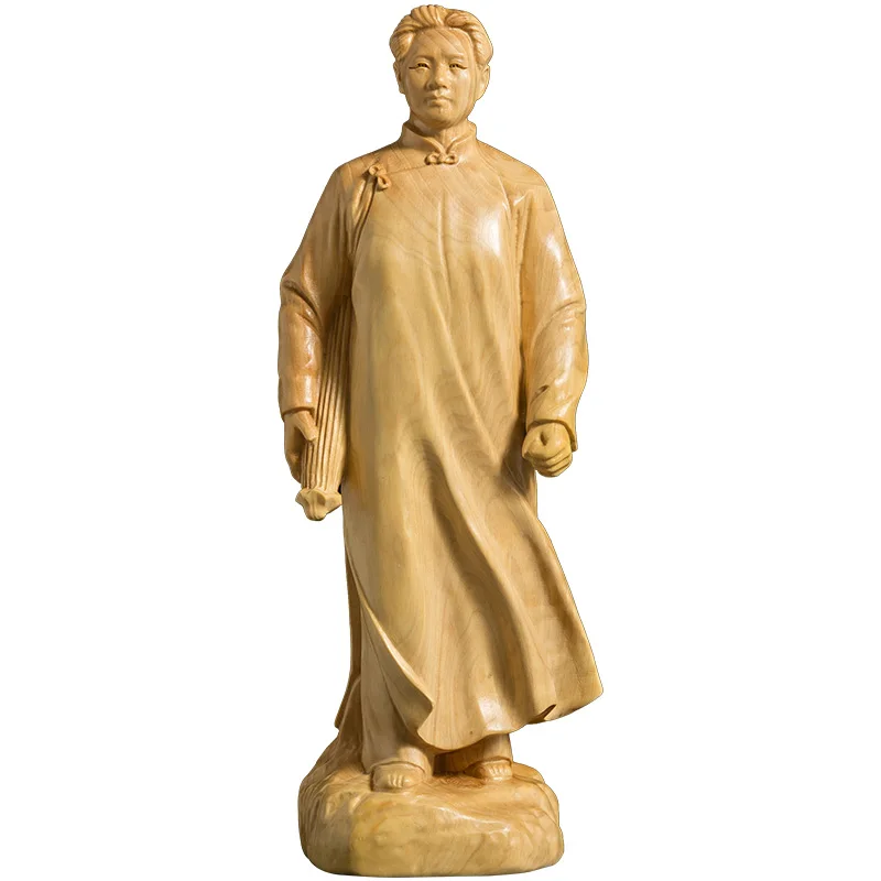 Chairman Mao Zedong Solid Wood Sculpture, Handcrafted Wood Carving for Living Room and Home Decoration