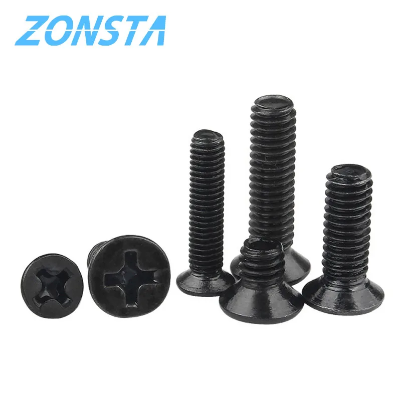 Mini Micro tornillo de cabeza plana, M1.2, M1.4, M1.6, M2.5, M3.5, M4, M5, tornillo de cabeza avellanada de acero al carbono negro, tornillos pequeños para cuaderno, bricolaje