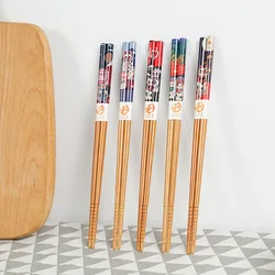 Reusable 5 Pair Set Handmade Bamboo Japanese Style Natural Wood Chopsticks Sushi Food Cat Flower Multi Color Wooden Chop Sticks