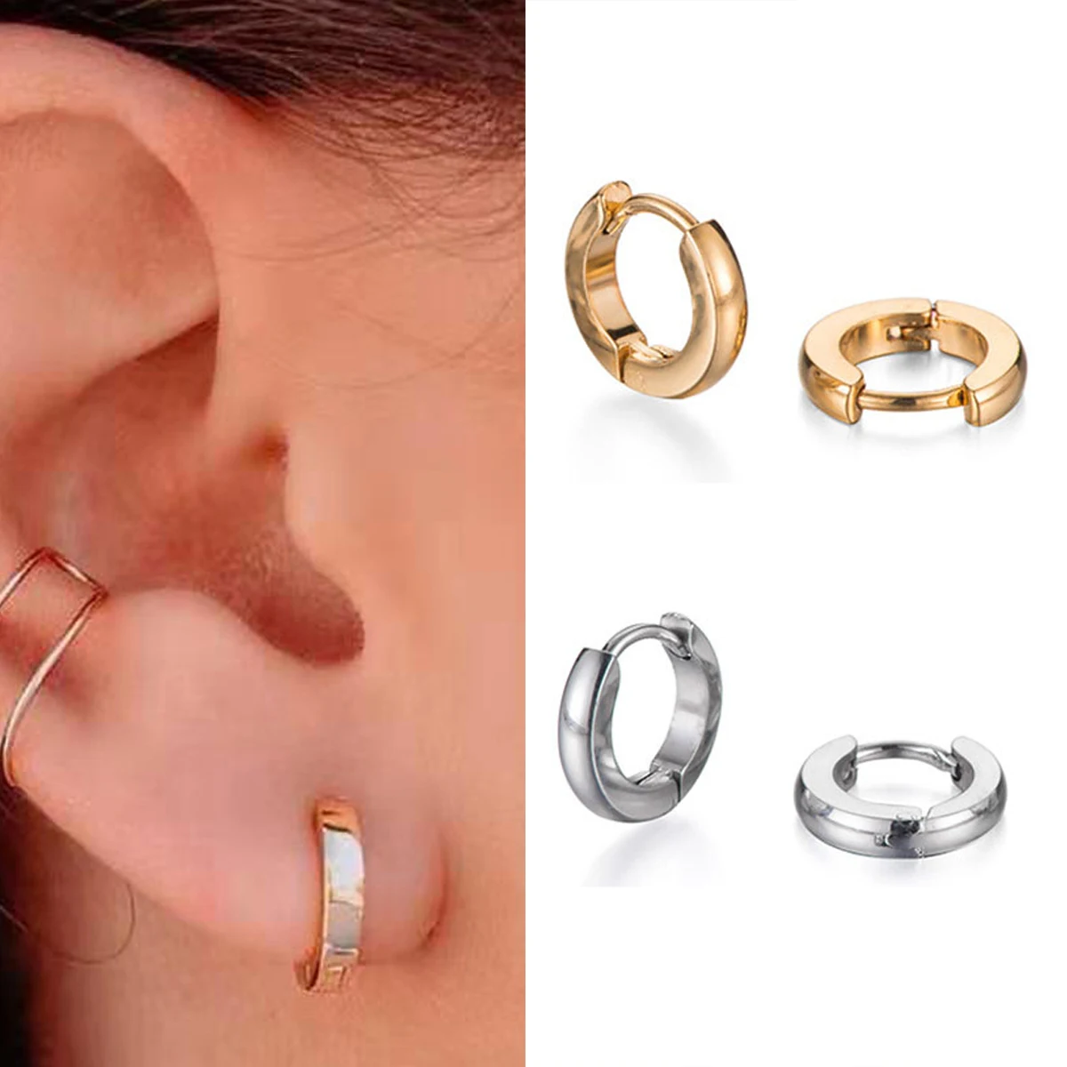 Minimalist Huggie Stainless Steel High Polish Gold Color Hoop Earrings for Women Men Thick Small Round Circle Piercing Ear Rings