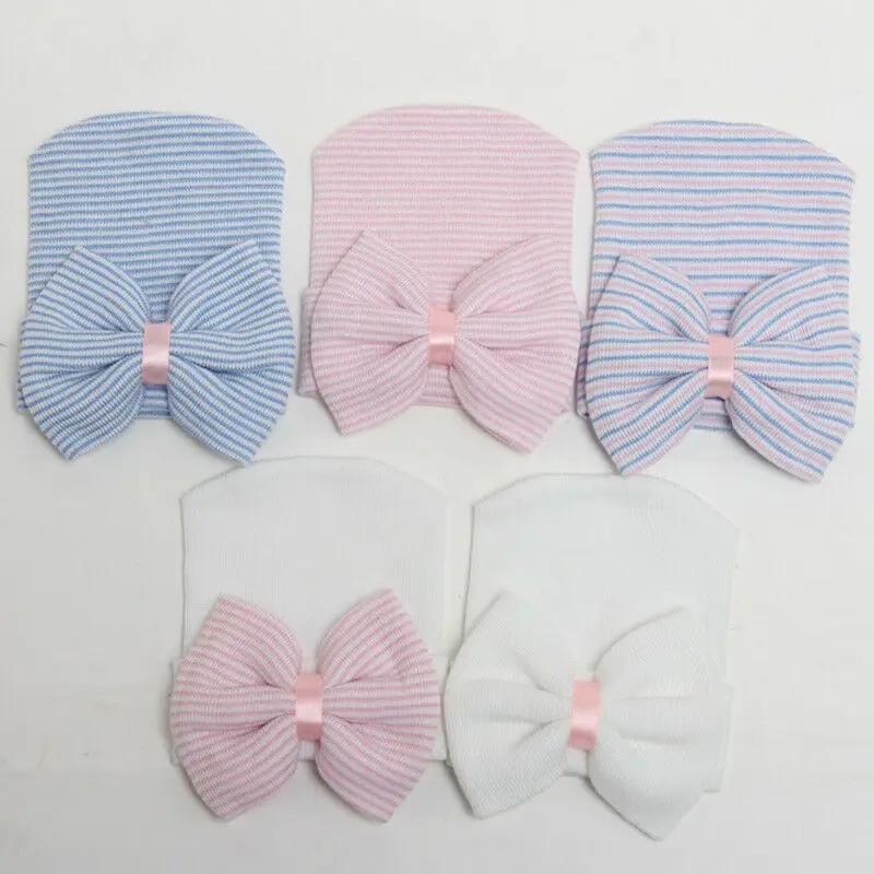 Newborn Baby Girls Striped Headband Headwear Toddler Soft Beanie Hat with Bow