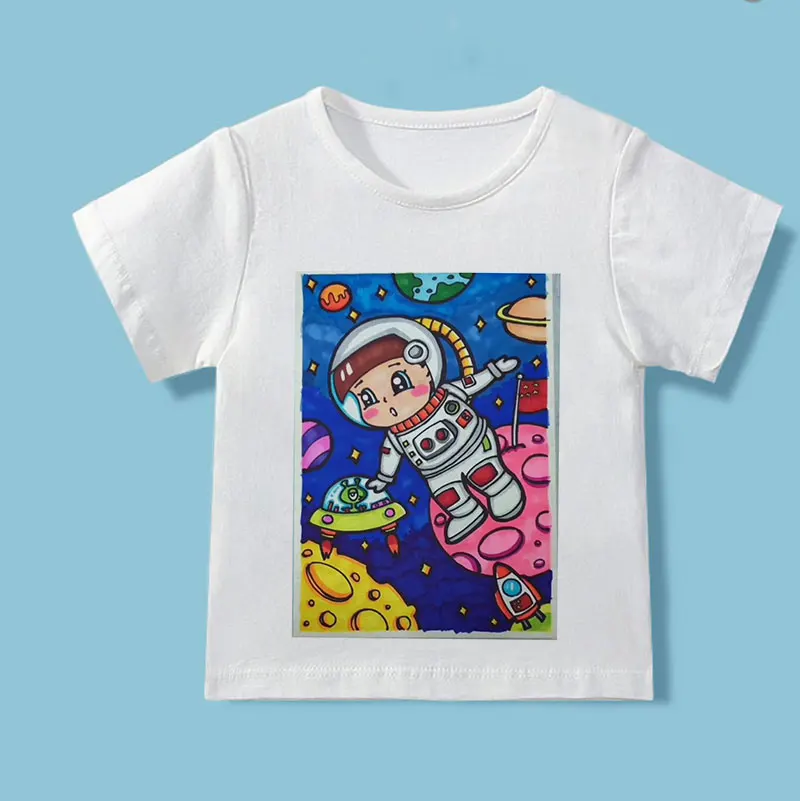 Universe New Summer Children's Clothing Astronaut Spaceship Tee Shirt Fille Design Printed Shirt Kids Crew Neck Boy Girl T-shirt