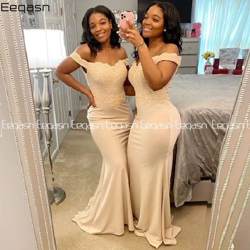 2024 Sexy Mermaid Long Bridesmaid Dresses V-neck Champagne Lace Applique Women Wedding Party Dress Vestidos Formal Gown