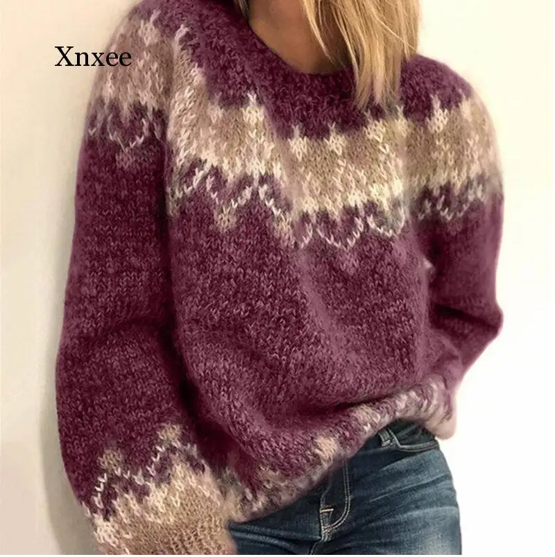 

Women Elegant O-Neck Knitted Sweater Autumn Vintage Patchwork Long Sleeve Tops Jumpers Winter Thick Warm Loose Pullover Sweaters