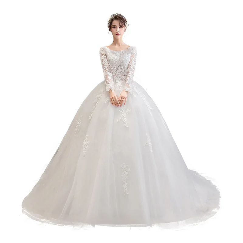 2024 New O Neck Long Sleeve Wedding Dresses With Train Beautiful Embroidery Lace Bridal Ball Gown Plus Size Custom Made