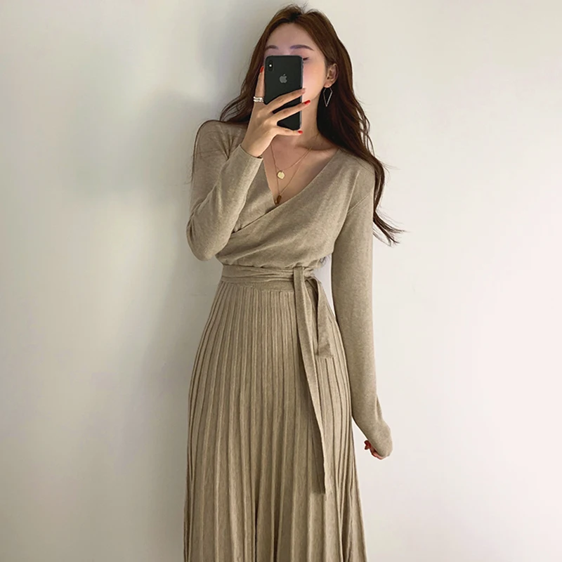 

Belt Winter Pollover Thick Woman New Pleated Sweater Dress Women Knitted Warm Casual Solid Jumper Dresses Korean Autumn 2022