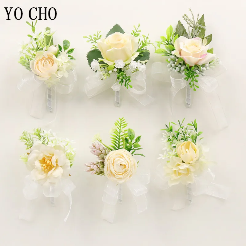 YO CHO Rosa Di Seta di Nozze Corpetti e Boutonnieres Groomsmen Boutonniere di Asola Uomo Da Sposa Matrimonio Corpetto Fiore Braccialetto