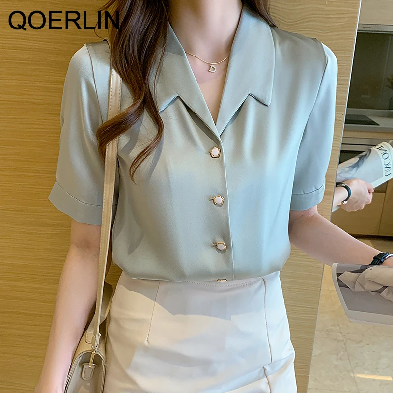 QOERLIN-Camisa cetim de manga curta para mulheres, blusa branca com botão, tops doces, elegante e formal, senhora do escritório, OL, chique e