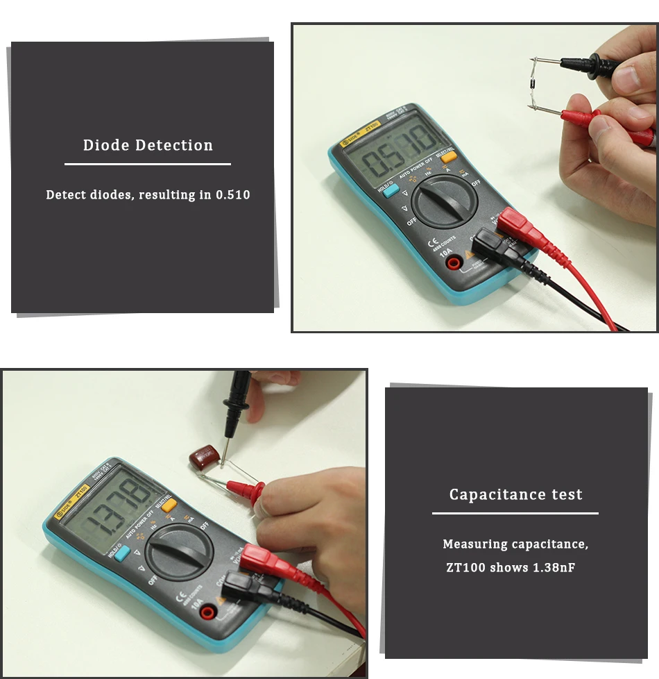 Digital Multimeter ZT100 4000 counts DC/AC Voltage Current Capacitance Hz Diode Ohm tester Ammeter Voltmeter Backlight