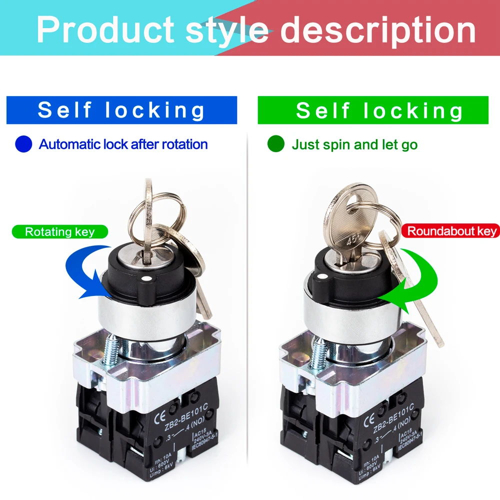 1pcs XB2 Panel Mounted Key Rotary Start Locking or Self reset Pushbutton Switch 2Positions/3Positions XB2-BG 22mm