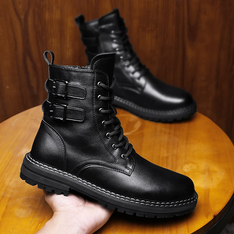 men casual party nightclub dress motorcycle boots black platform shoes warm plush winter snow boot ankle botas chaussure homme