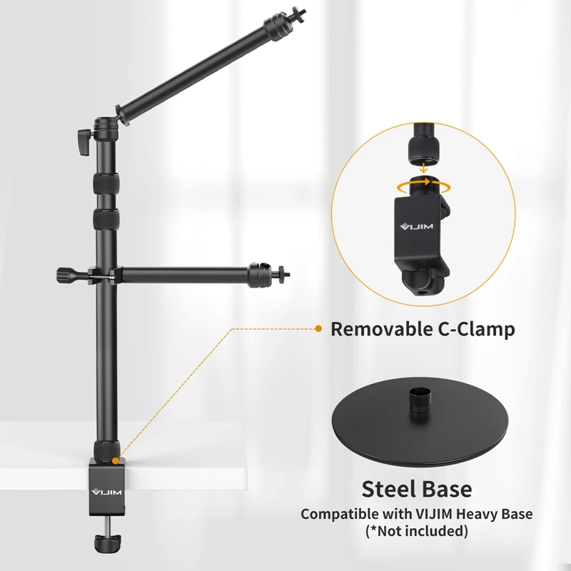 VIJIM LS10 LS11 Camera Mount Desk Stand with Flexible Auxiliary Holding Arm Overhead Camera Webcam Table Photography Studio kit