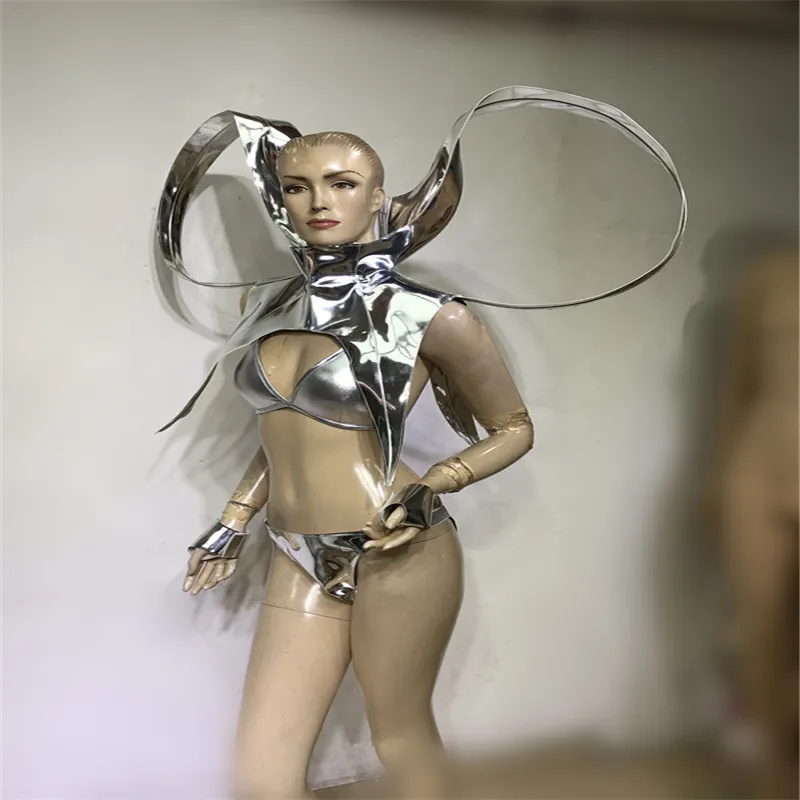Silver mirror costume bar nightclub singer dance dj show party sexy technology Silver gogo stage wears dj bikini bra space