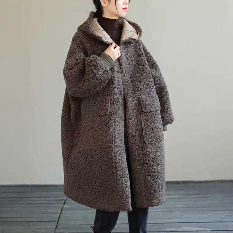 Fashion Faux Fur Jacket Women Autumn Winter literature Art Vintage Loose Hooded Lamb Fur Coat Female Mid-Length Overcoat G1711