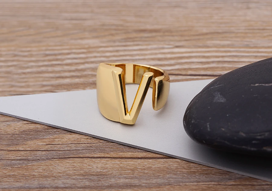 Trendy Hollow A-Z Letter Gold Color Adjustable Opening Ring Initials Name Alphabet Female Chunky Wide Party Wedding Jewelry