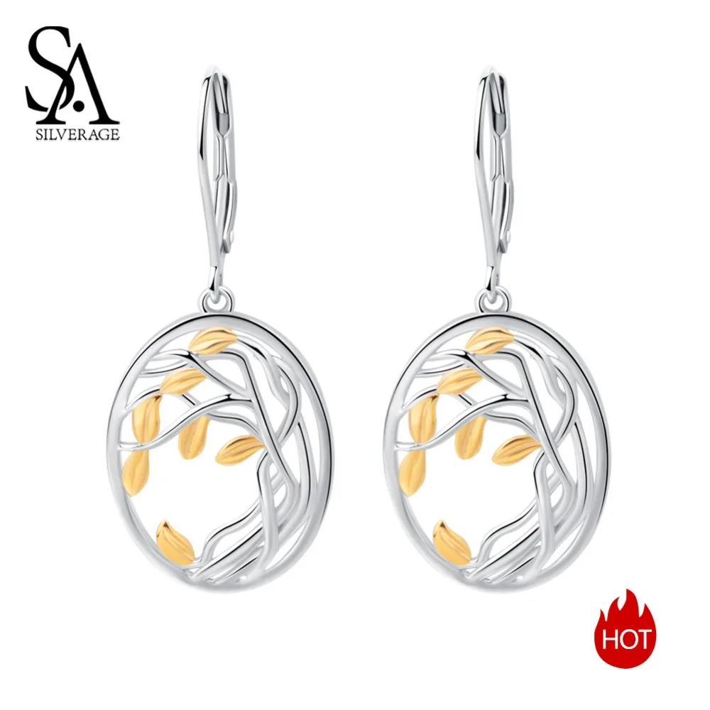 SA SILVERAGE 925 Silver Long Women Earrings Yellow Gold Color Brincos S925 Sterling Silver Tree of Life Drop Earrings for Woman