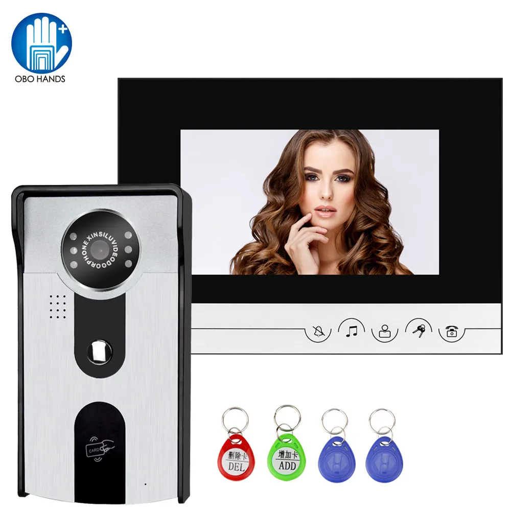 

Home Wired RFID Video Intercom Video Door Phone Kit 7 Inch Monitor 700TVL Doorbell Camera with IR Night Vision Wall Mounted