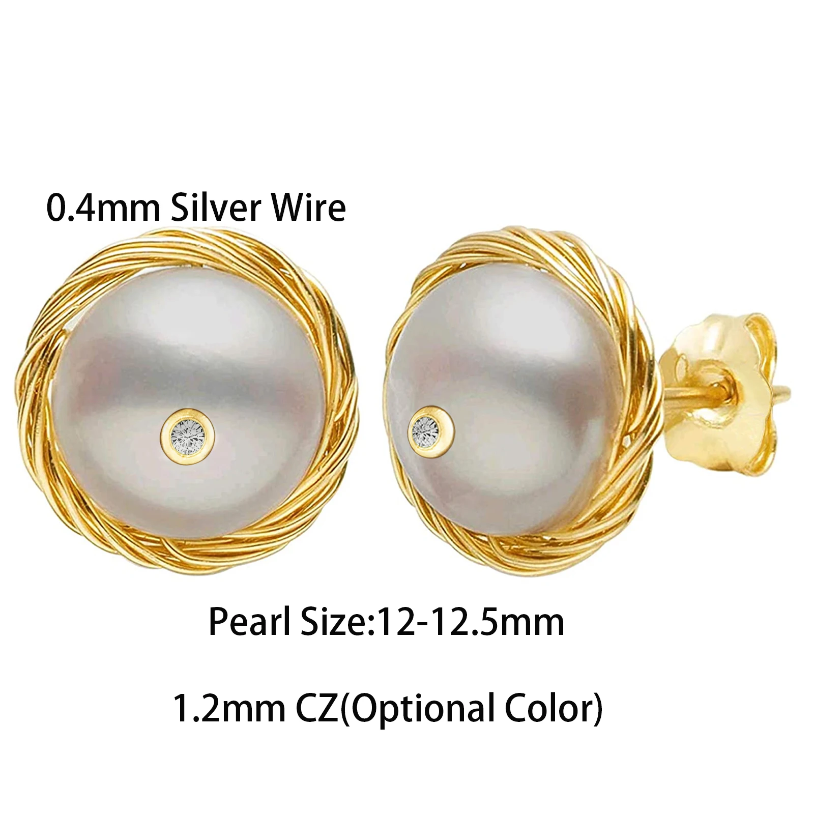 Fashion Handmade Stud Earrings 925 Sterling Silver Wire Freshwater Pearl With CZ 14K Gold Plated Stud Earrings Best Party Gifts