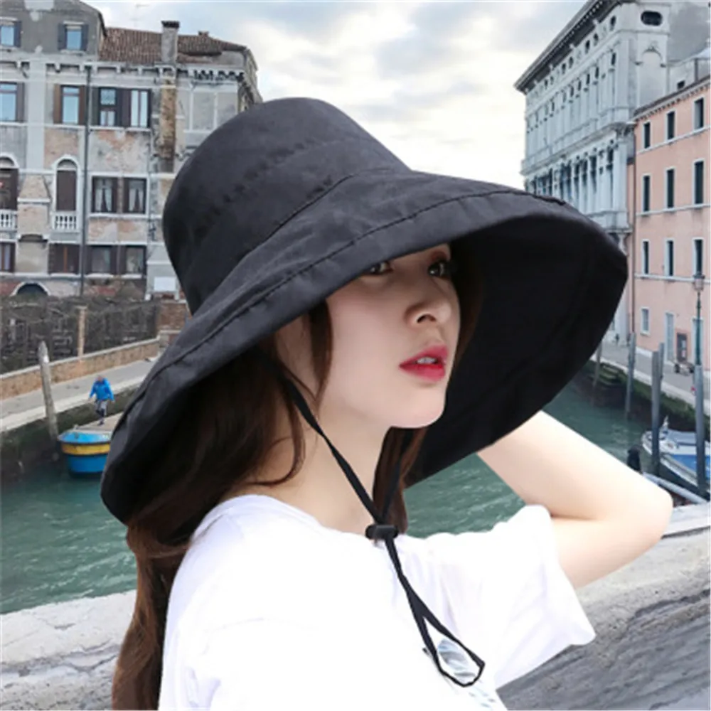 1Pc Summer Big Brim Sun Hat For Female Seaside Sun Protection UV Beach Cap Japanese Wild Fisherman Hat with Windproof Rope Gifts