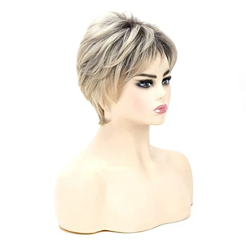 WHIMSICAL W Short Straight Ombre Blonde Wig with Bang for Women Synthetic Natural Hair Wig Dark Roots Heat Resistant Wigs