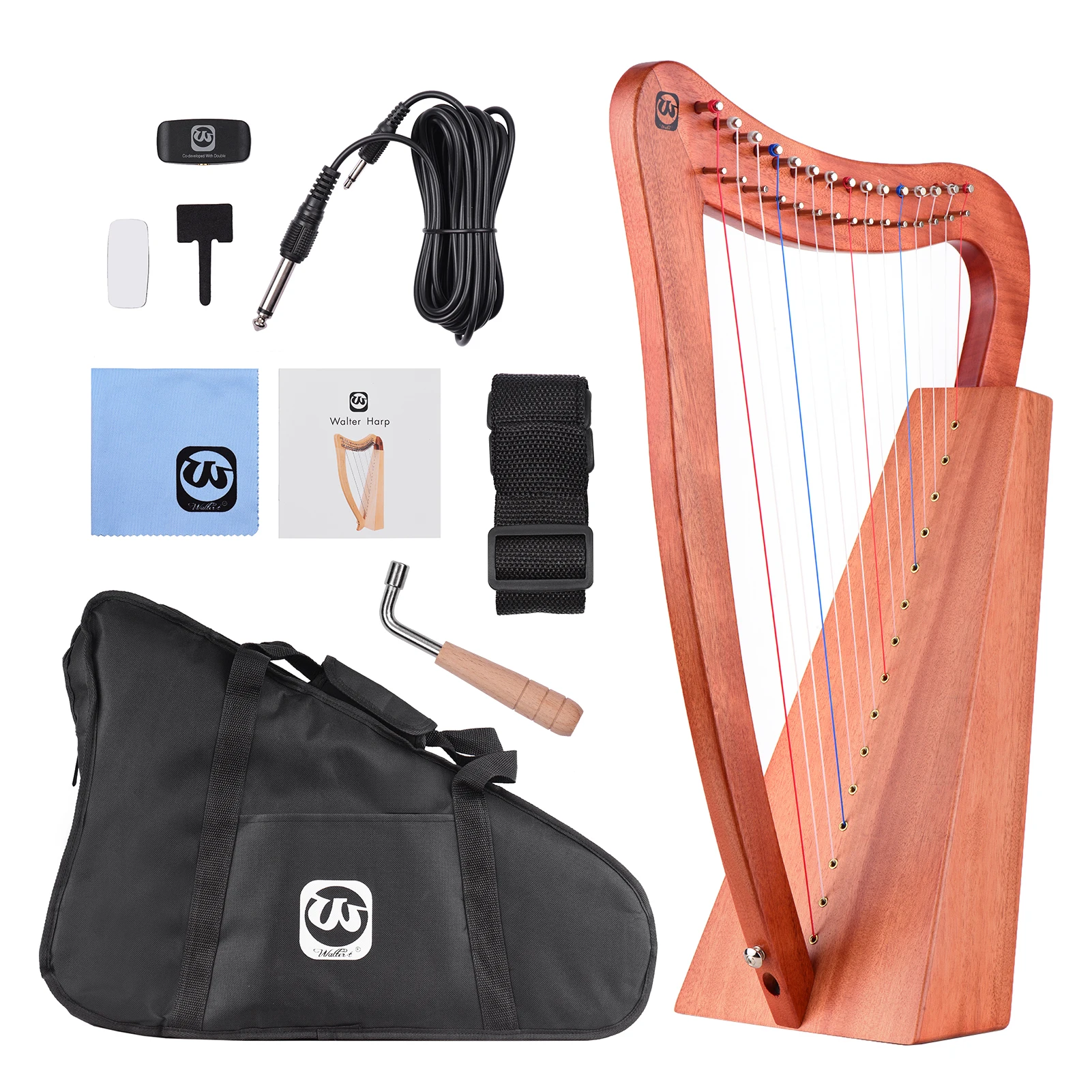 Walter.t 15-String Lyre Harp Wooden String Instrument with Carry Bag Strap Cleaning Cloth Tuning Wrench Pickup for Beginners