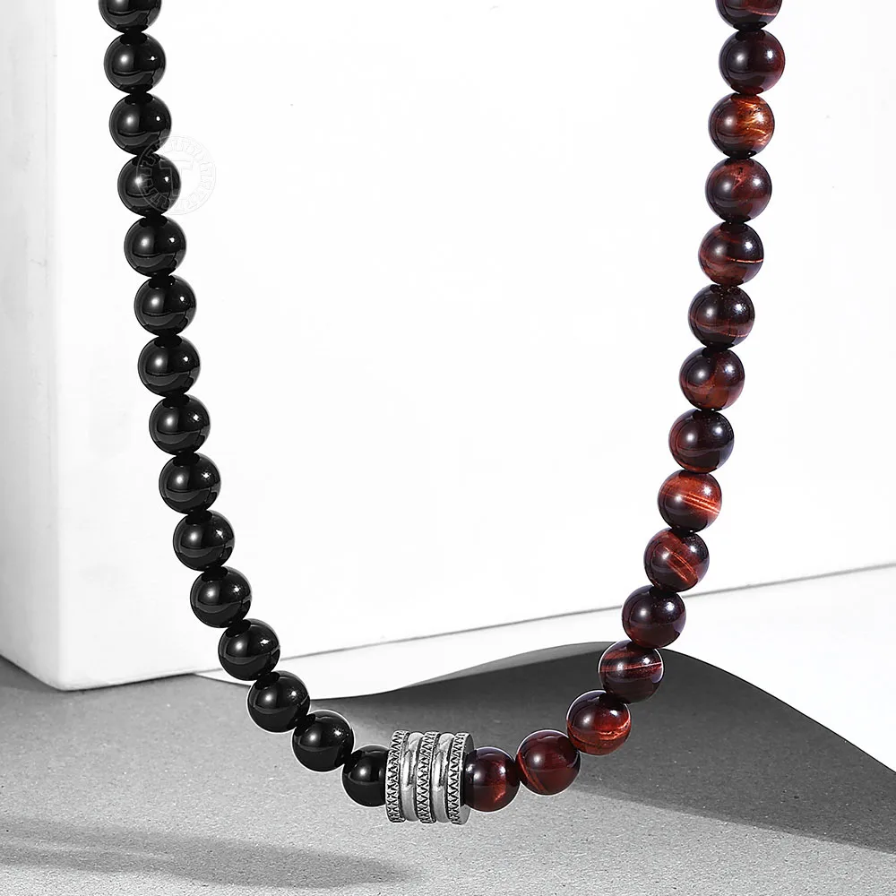 Womens Mens Bead Necklace Mixed Red Tiger Eye Black Natural Stone Necklace for Men Women Stainless Steel Charm Gifts LTNB00103