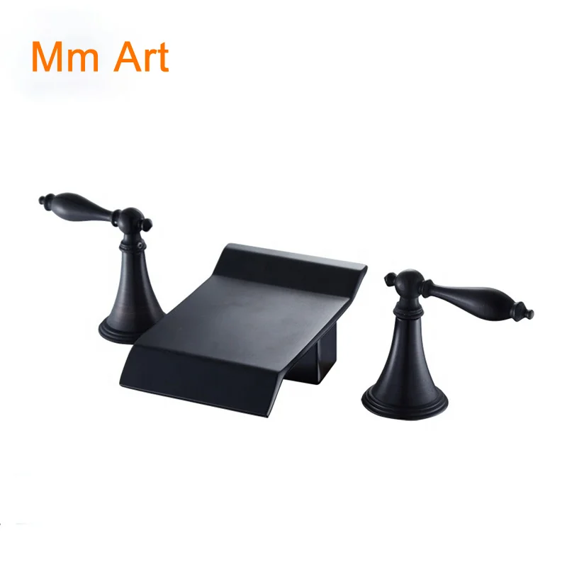 

New Style Brass 3-hole Deck Mounted High-quality Waterfall Bathroom Black Basin Faucet With Two Handles W5130