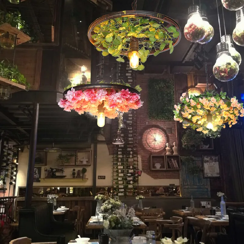 Green Plant Retro Wheel Pendant Lamp Hot Pot Barbecue Restaurant Bar Coffee Milk Tea Shop Decorative