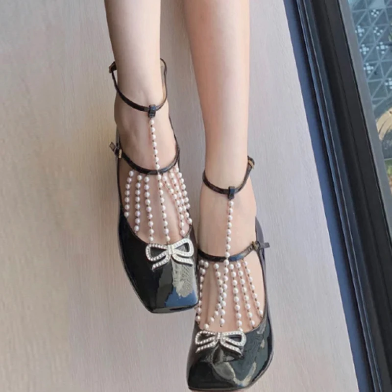 Lolita Girl's Pearl Strings Straps Mary Jane Pumps Metal Bowtie Embellished Square Toe Ankle Strap Kitten Heels Dress Shoes