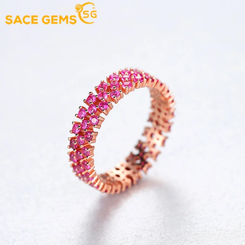 

SACE GEMS 100% 925 Sterling Silver Sparkling Full High Carbon Diamond Synthetic Ruby Rings for Women Fine Jewelry