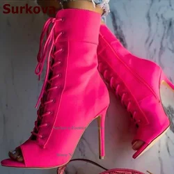 Surkova rosa neon amarelo estiramento lycra tornozelo botas finas salto alto dedo do pé aberto botas curtas cinta cruzada sapatos de vestido de renda size46