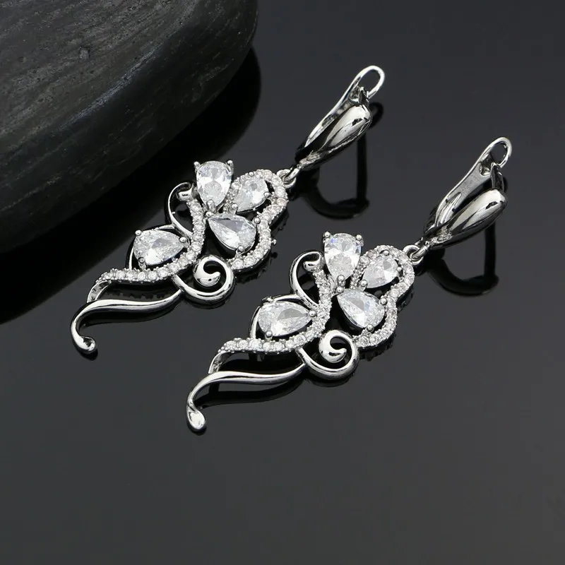 Silver 925 Jewelry Sets for Women White Crystal Earrings Necklace Pendant Ring Silver Set for Girl Party Accessories