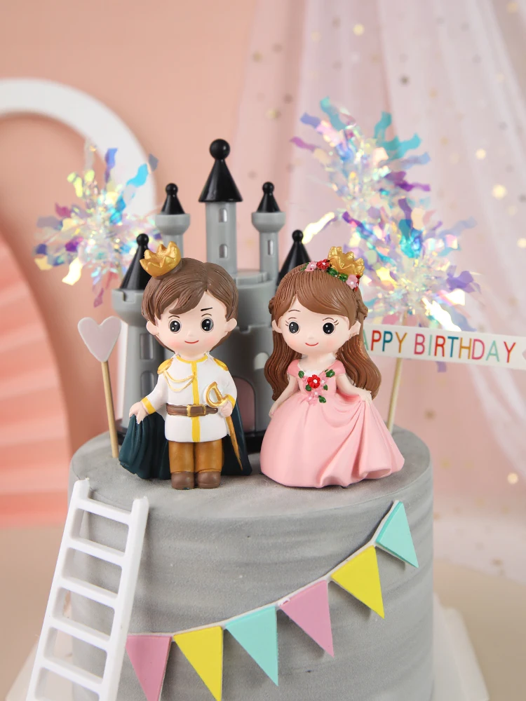 Cute Castle Princess Prince Resin Creative Crafts Cake Decorations Little Boy Girl Model Micro Landscape Cake Topper Decor view 3