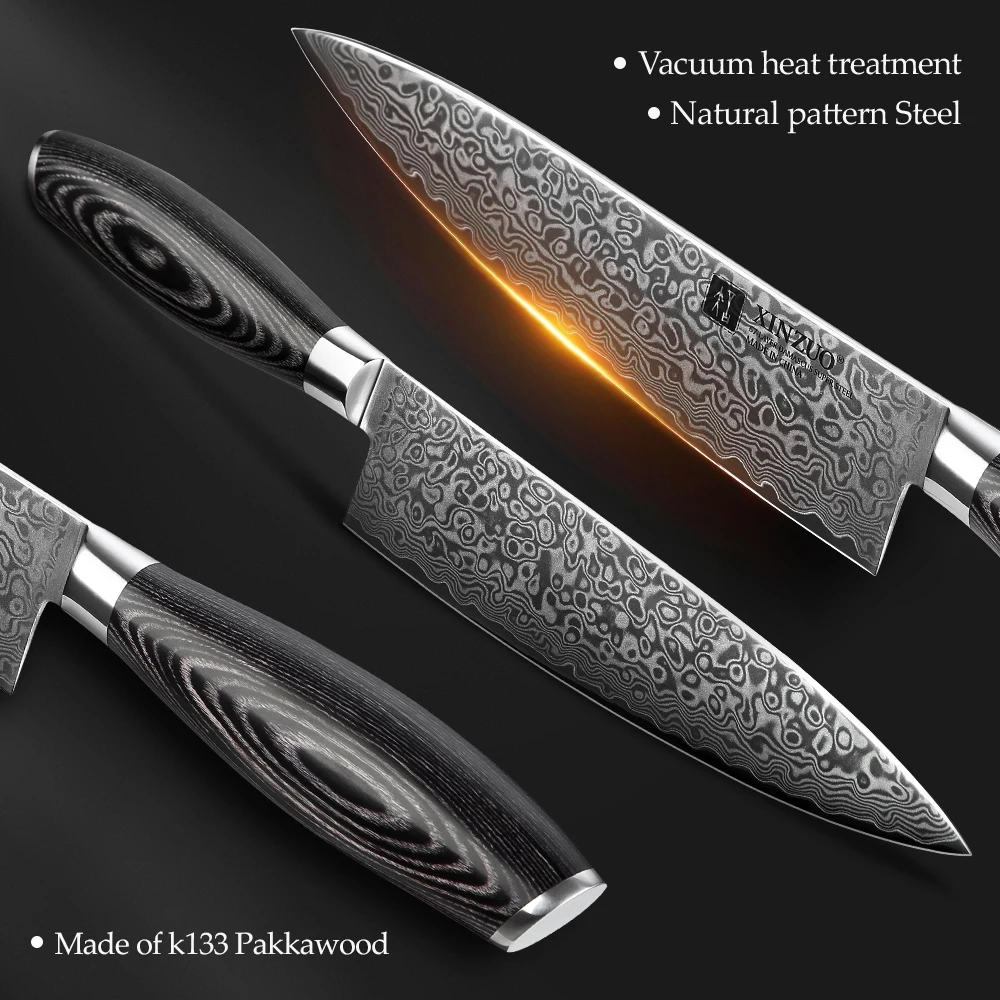 XINZUO 3PCS Kitchen Knives Set 67 Layers High Carbon Damascus Stainless Steel 8+7+5 Chef Santoku Utility Knife Pakka Wood Handle