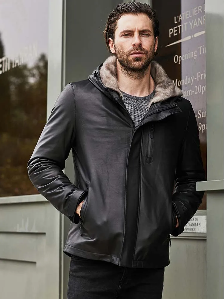 

​​Denny&Dora Men's Cowhide Leather Jacket - Black Winter Parka with Hooded Mink Fur Lining, Imported Coat