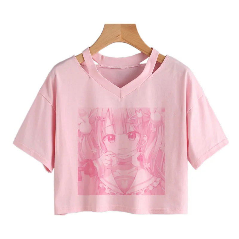 Women Fashion Cute clothes kawaii Print Tee Punk Short sleeve T-Shirt Casual Loose Pink Anime Graphic V-neck Crop Top streetwear