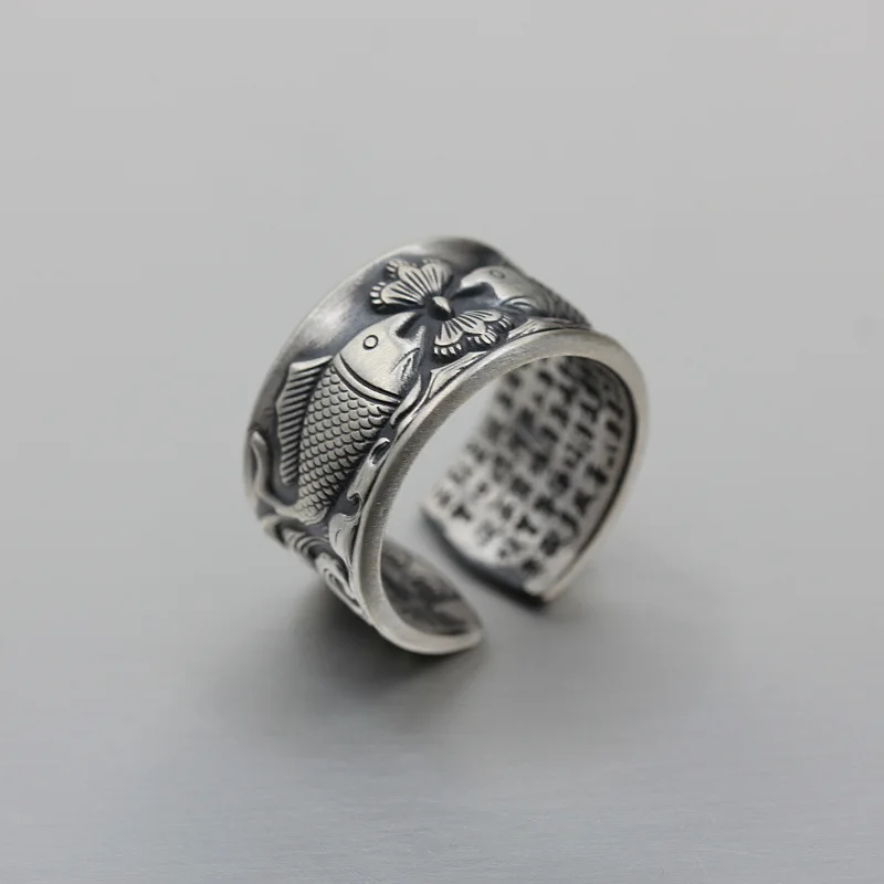 100%925 Silver Ring Thai Silver Distressed Ring Hand Carved Pisces Blessing Heart Silver Ring