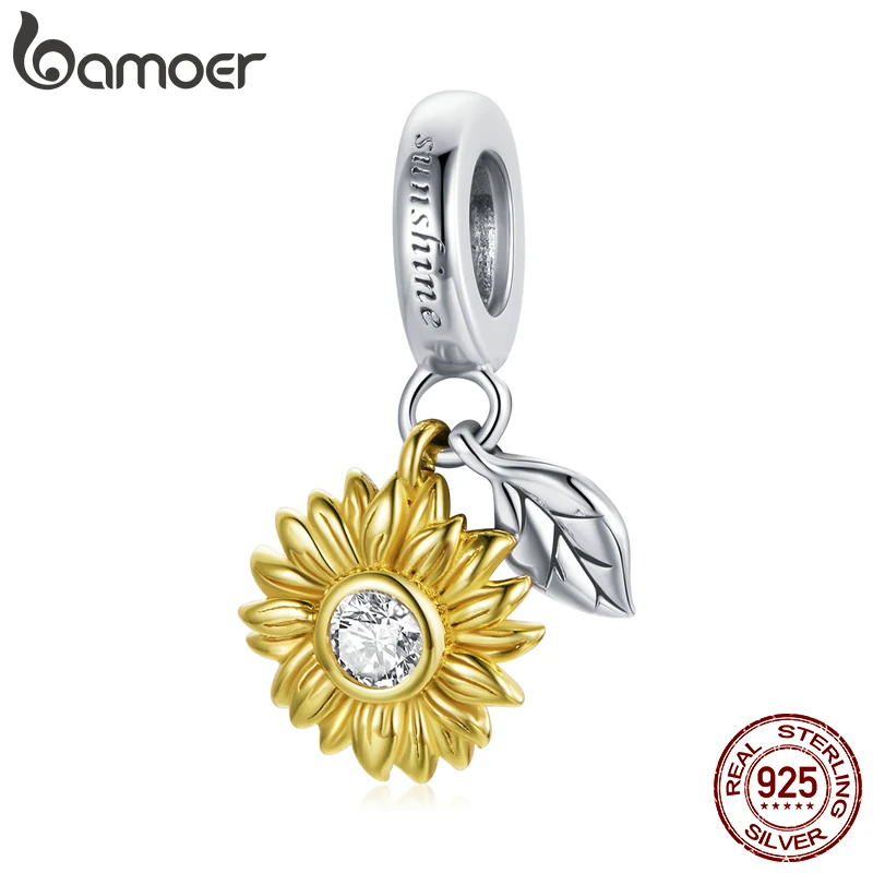 bamoer 925 Sterling Silver Gold Color Shining Sunflower Charm Pendant Zircon for Original Bracelet Bangle Women Jewelry BSC462