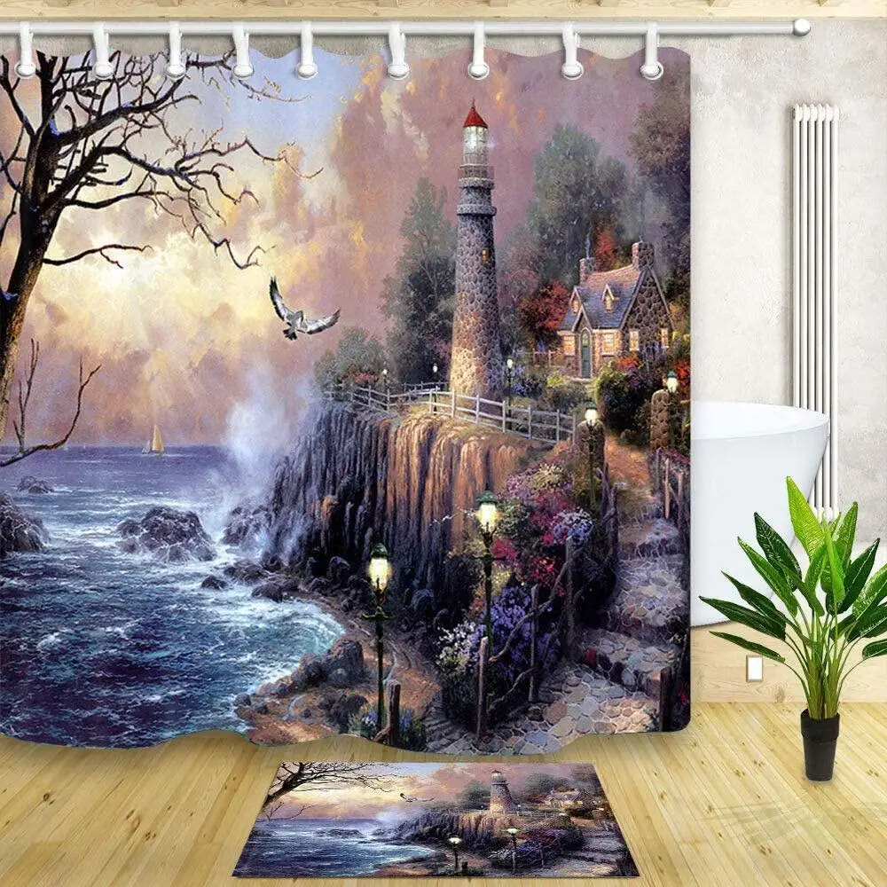 Lighthouse Shower Curtains Set Painted Lighthouse by Ocean Coast Wooden House Bath Curtain with Bath Mat Bathroom Decor Door Rug