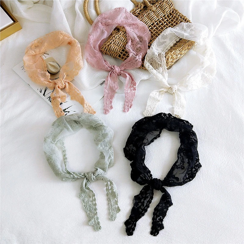 Triangle Lace Scarf Scarves Shawl Wraps Solid Embroidery Floral Wrist Ribbon Hair Head Scarfs DIY Neck Knitted Transparent Wrap