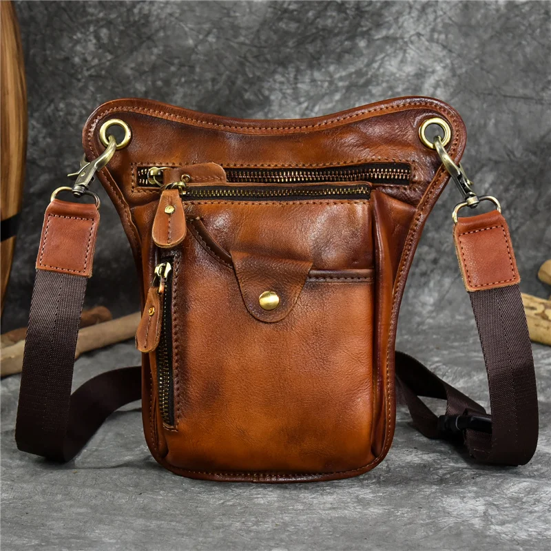 Bolsa de cintura de couro genuíno masculina, bolsa de ombro para motocicleta, mochila crossbody para quadris e pernas, cintura masculina de alta