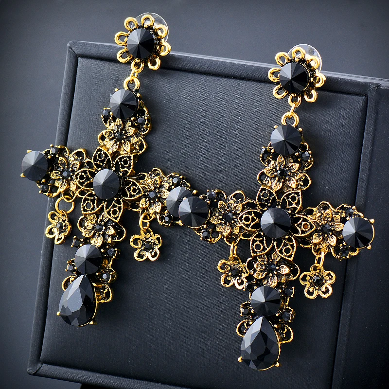 KIOOZOL black stones big cross earrings for women antique gold color retro jewelry accessories