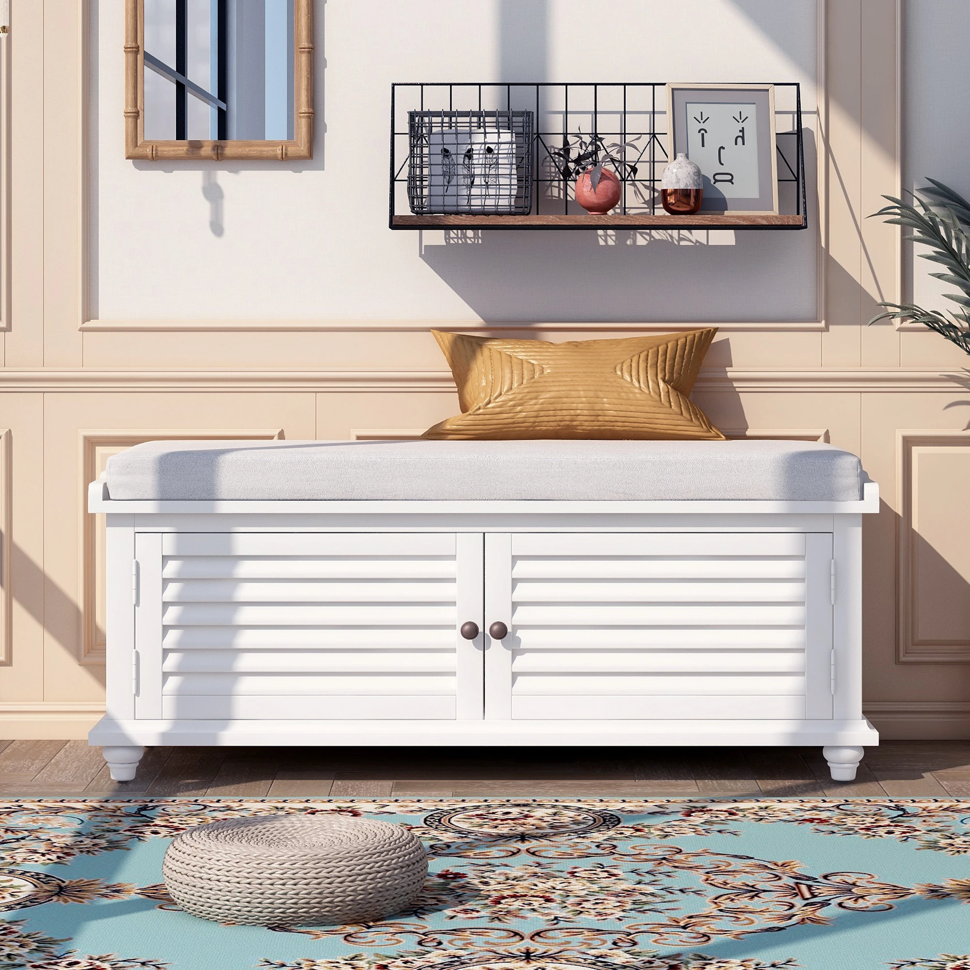 Storage Bench W/Removable Cushion Louver Design Wooden Shoe Bench for Entryway Living Room Bedroom White/Black/Navy Blue[US-W]