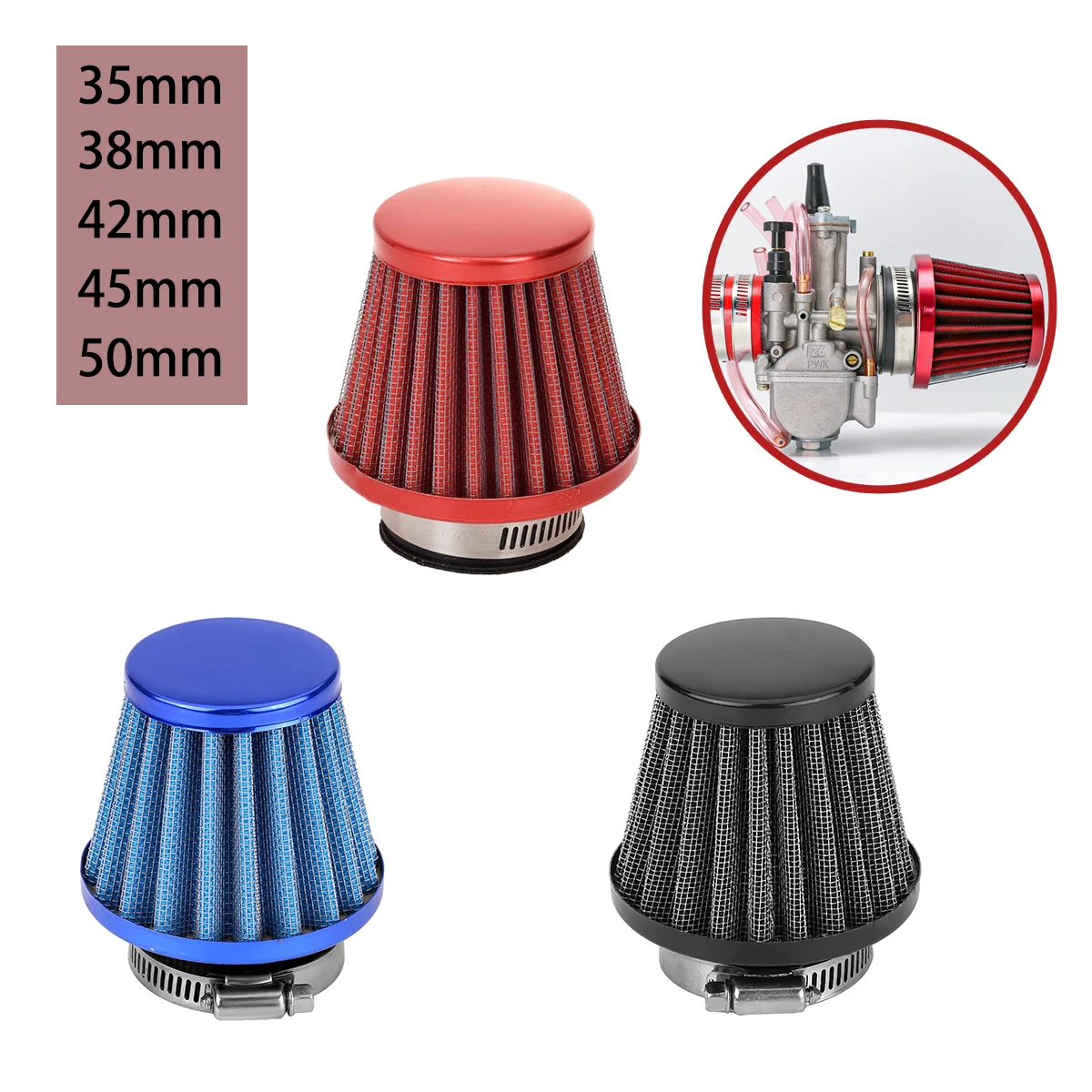 Universal 35mm 38mm 42mm 45mm 50mm Mushroom Head Motorcycle Carburetor Air Filter Cleaner Intake Pipe Modified Scooter