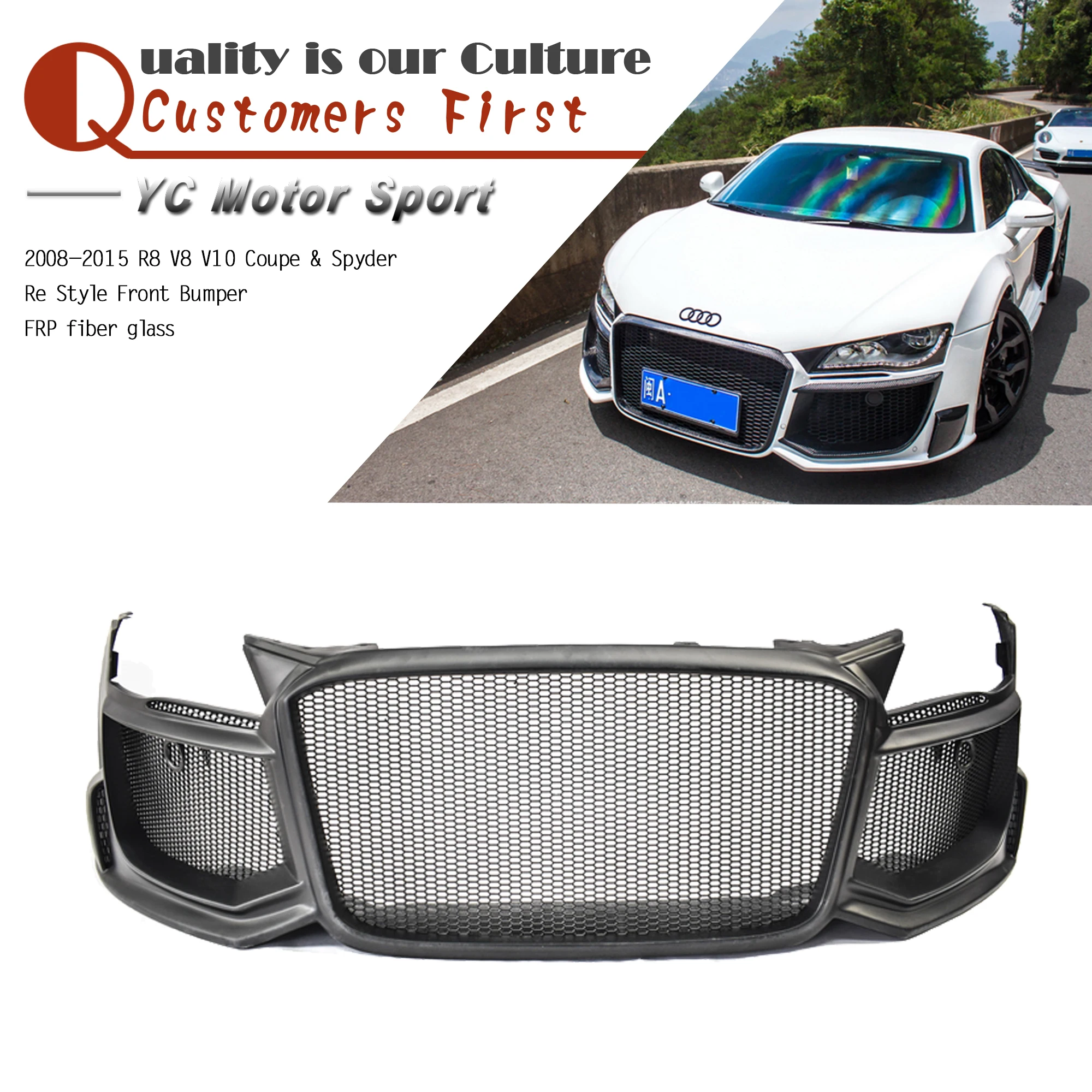 

Car Accessories FRP Fiber glass Front Bumper fit for 2008-2015 R8 V8 V10 Coupe & Spyder Re Style Front Bumper