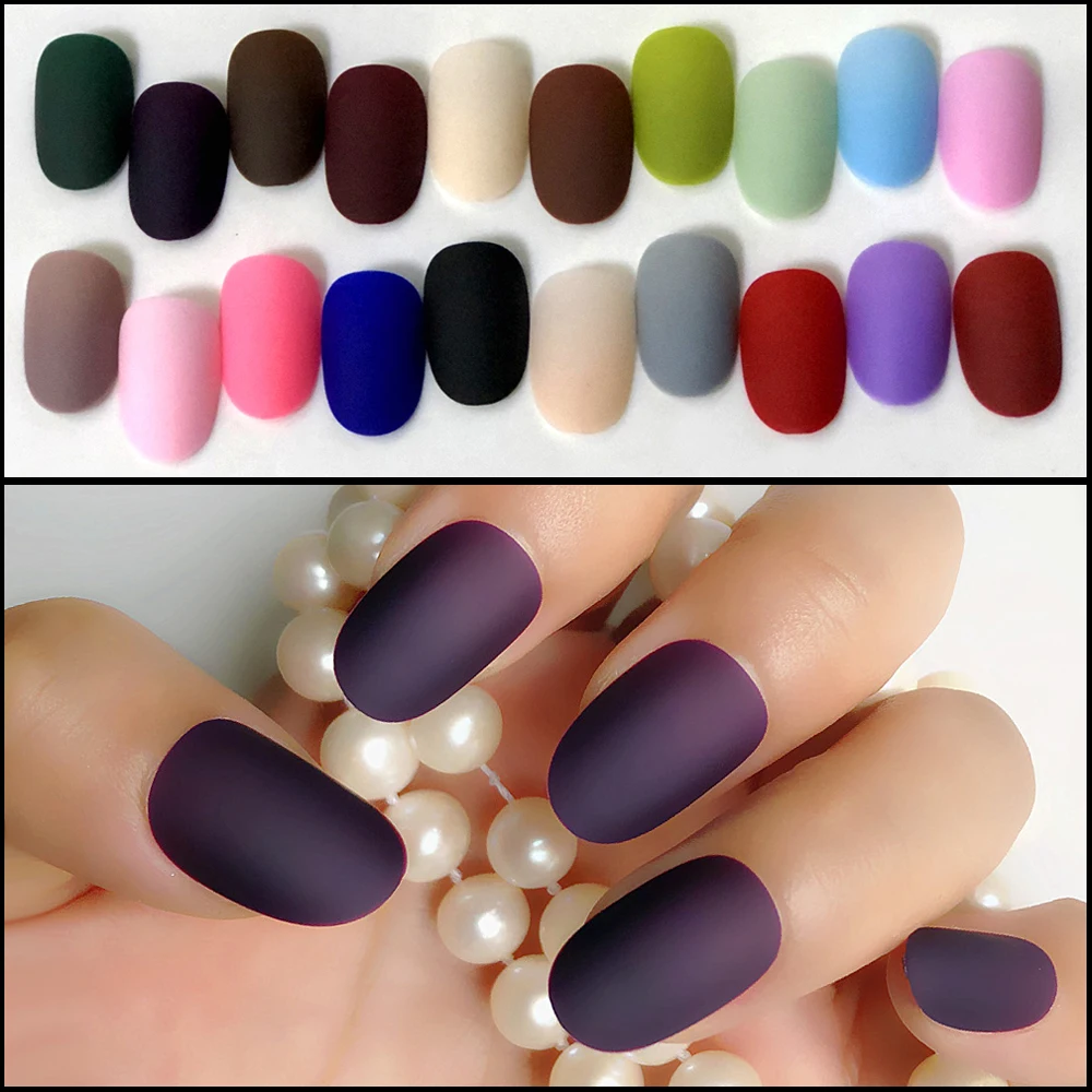 Wholesale 20Colors Candy Matte False Nails Medium length round head Soft Nude Black Frosted Fake nails full cover Khaki naked