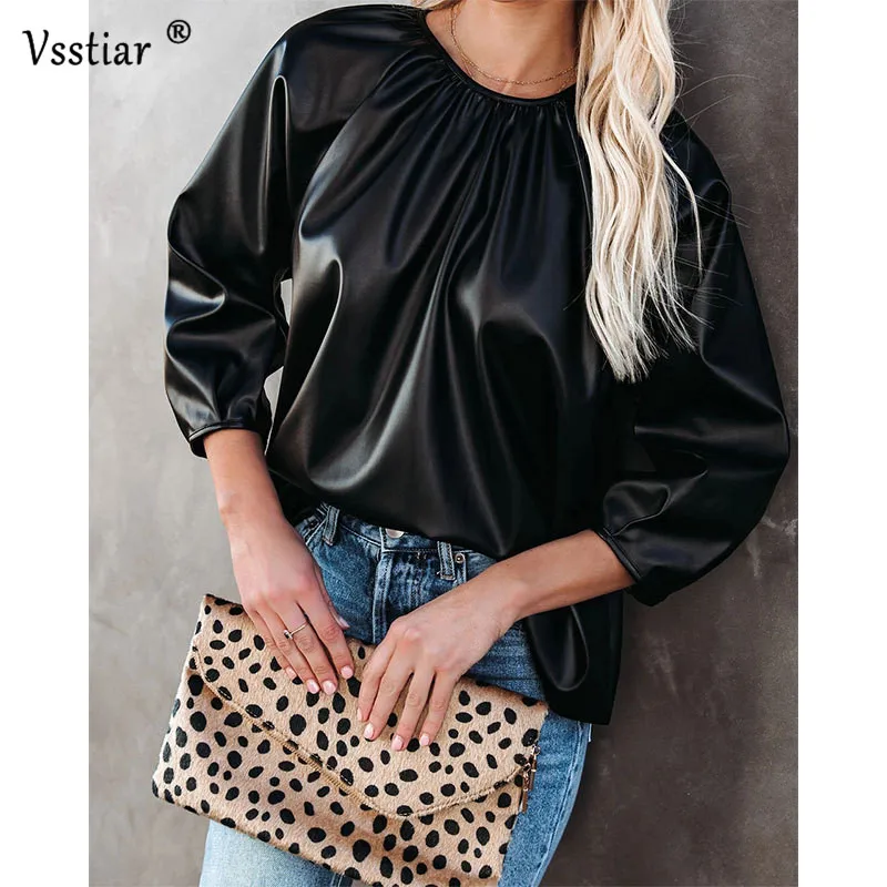 Long Sleeve Casual Women\'s Blouse 2022 Summer Fashion Patent Leather Woman Tops Black O Neck PU Shirts