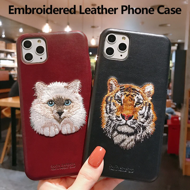 3D Embroidered Cute Cat Wolf Tiger Bear Leather Phone Case For iPhone 14 Pro Max Protective Cover For iPhone 13 Pro Max 13 Pro