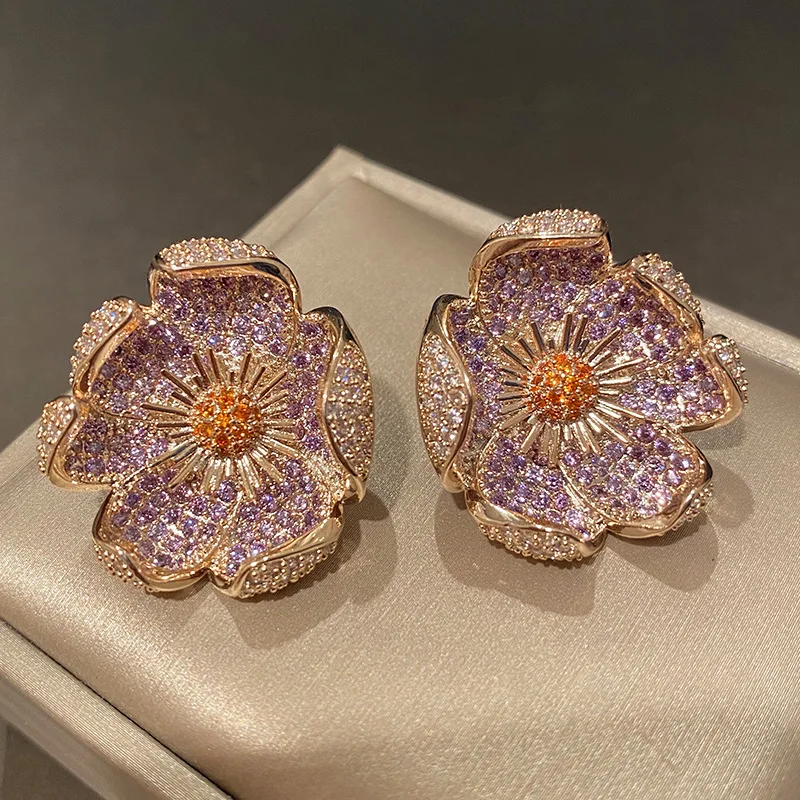 

Cute Flower Stud Earring Purple Cubic Zircon Engagement Wedding Earrings For Women Charm Party High Quality Jewelry Gift